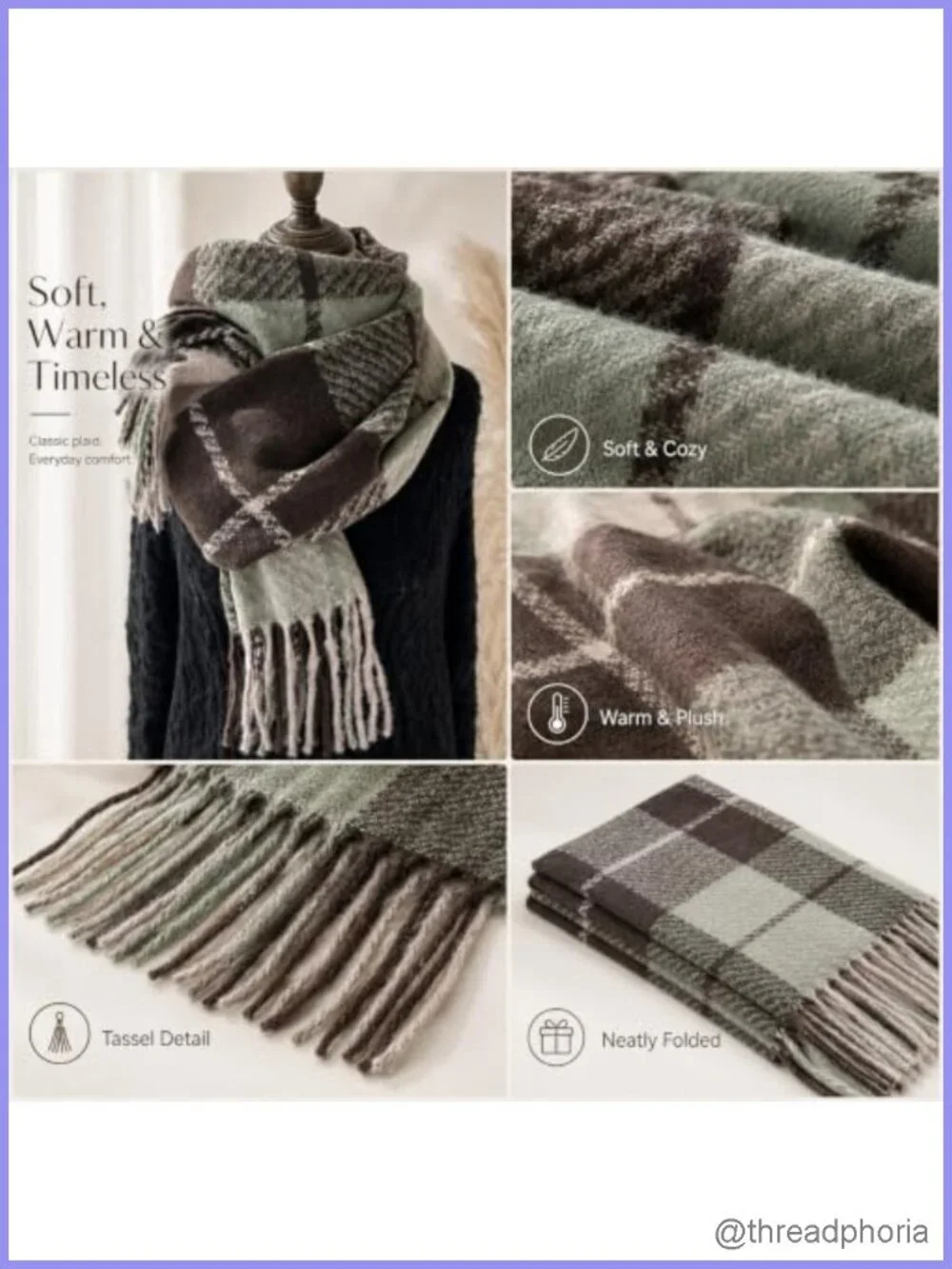 Women's Long Plaid Scarf Shawl Wrap with Tassels - Soft Warm Winter Scarf